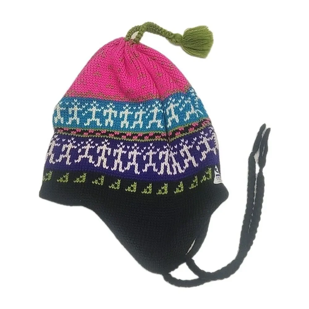 Smiley Beanie Ski Cap Hat 100% Wool Ear Flap Tassels Pink Blue Black Green USA